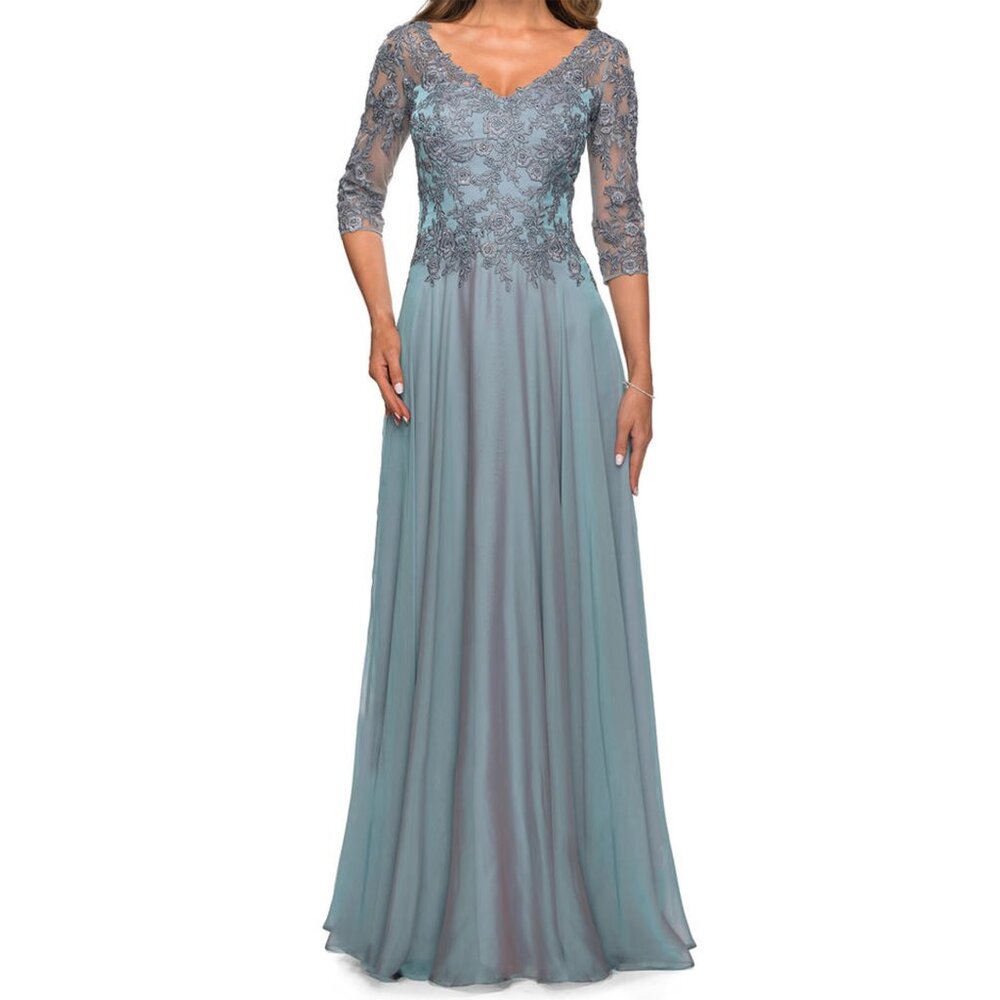 La Femme Slate Blue Shimmer Floral Lace & Chiffon MOB Gown 10 $538 28106 NWOT